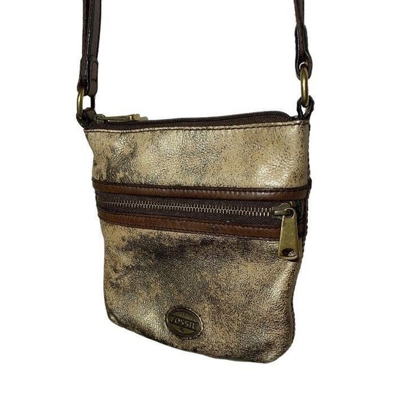 Fossil Explorer Mini Crossbody Purse Shoulder Bag Gold Metallic Leather 8x8 - Picture 4 of 9